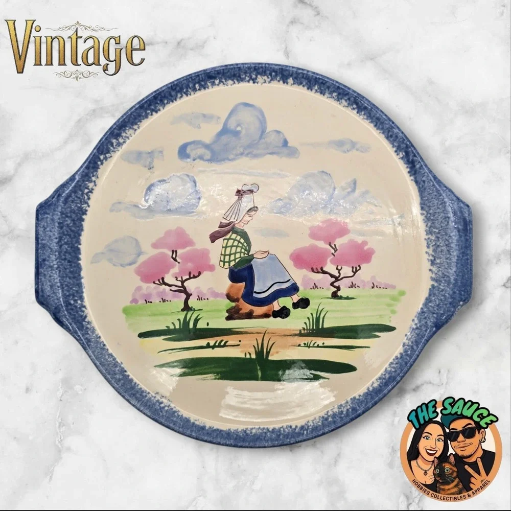 Vintage Fait Main French Hand‎ Painted Ceramic Serving Platter Folk Art Scene